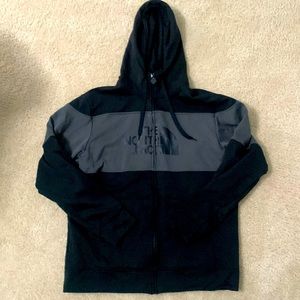 Black and gray north face hoodie: zip up